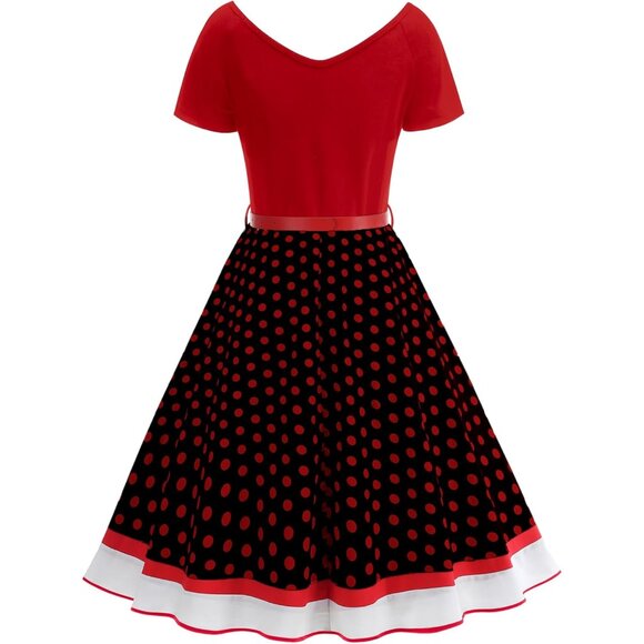 Vintage 1950s Dress Retro Polka Dot Cocktail Swing Dress with Headband - Picture 3 of 7